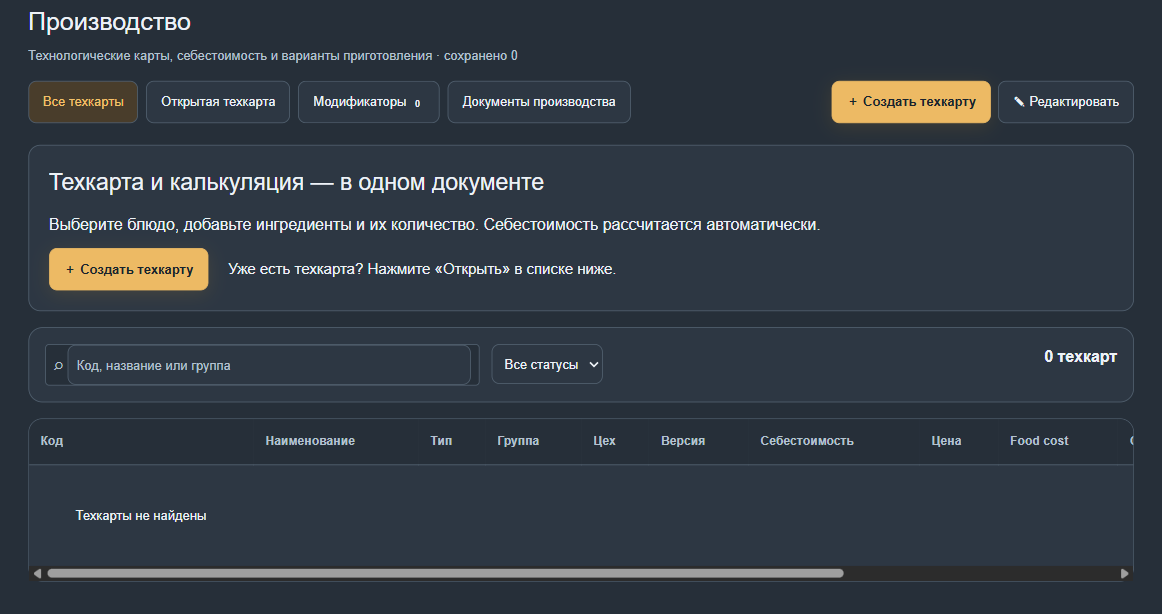 Начало работы: список техкарт и кнопка создания
