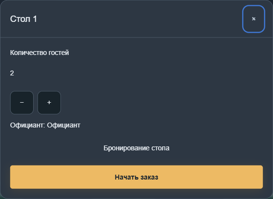 Начало обслуживания: количество гостей и кнопка «Начать заказ»